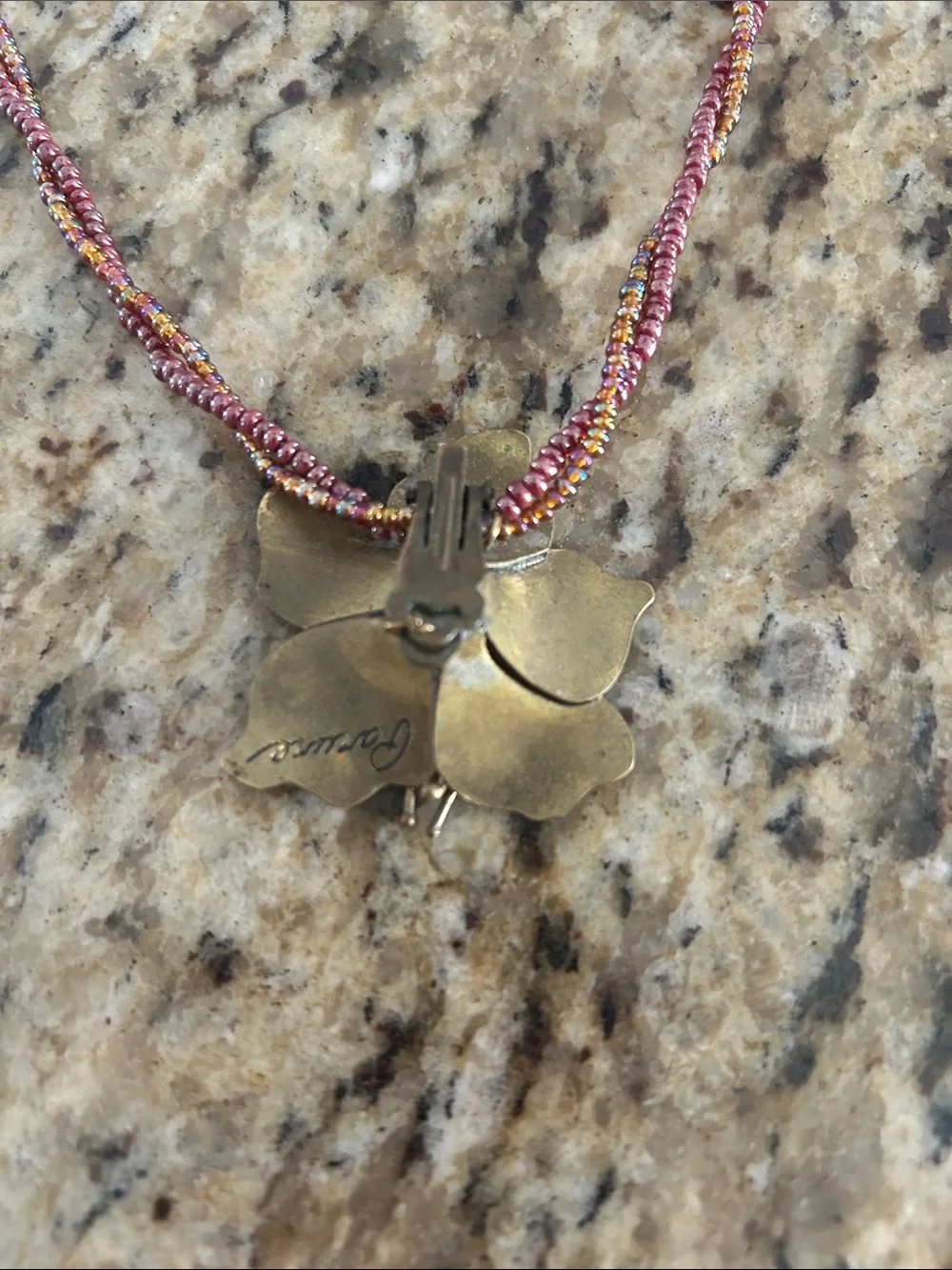 Copper Floral Pendant Necklace with Pink Beaded Cord